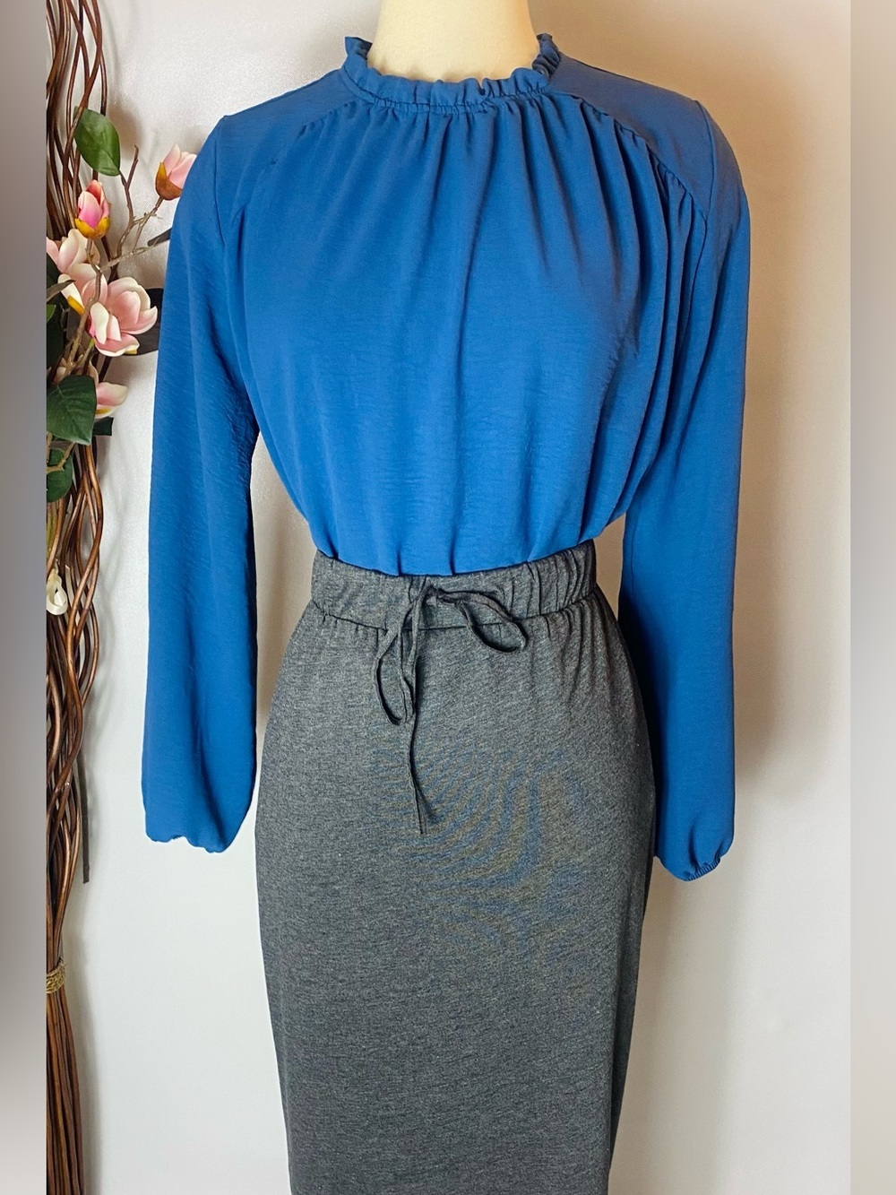 Source Unknown Dusty Blue Ruffle-Neck Long Sleeve Blouse - Picture 2 of 5